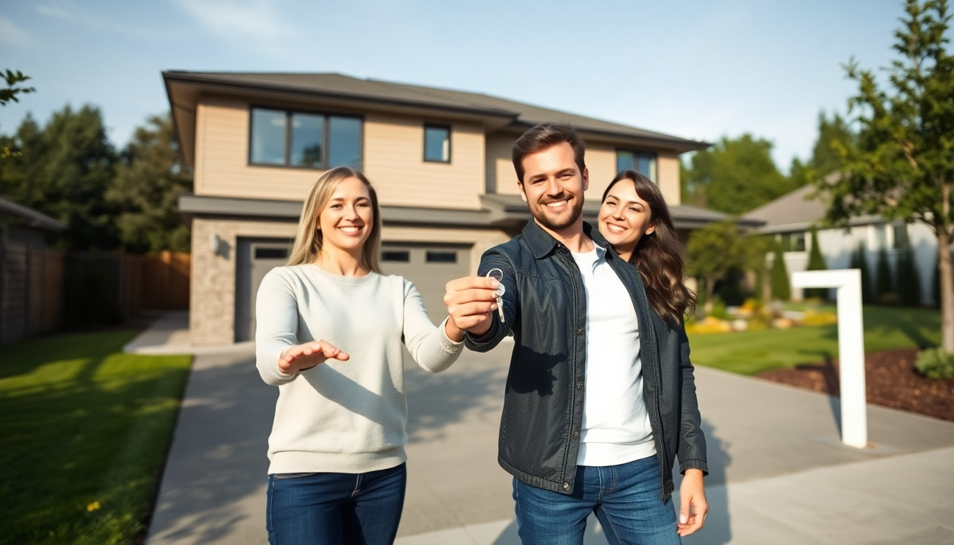 Casal em frente a uma casa com garagem