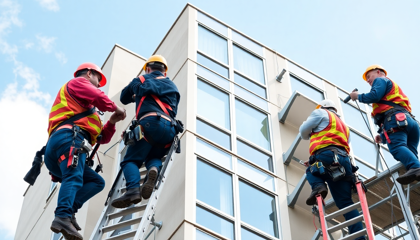 Imagem de trabalhadores fazendo a manutenção em um prédio de apartamentos