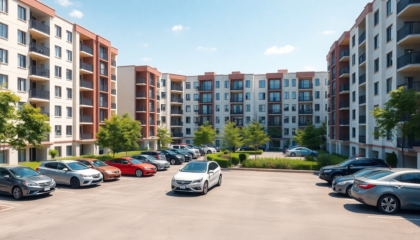 Imagem de um condomínio residencial com estacionamento