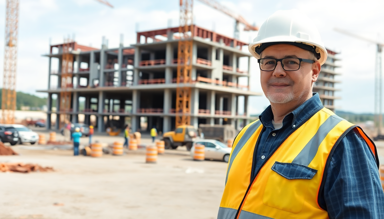 Imagem de um engenheiro de idade mediana em um canteiro de obras