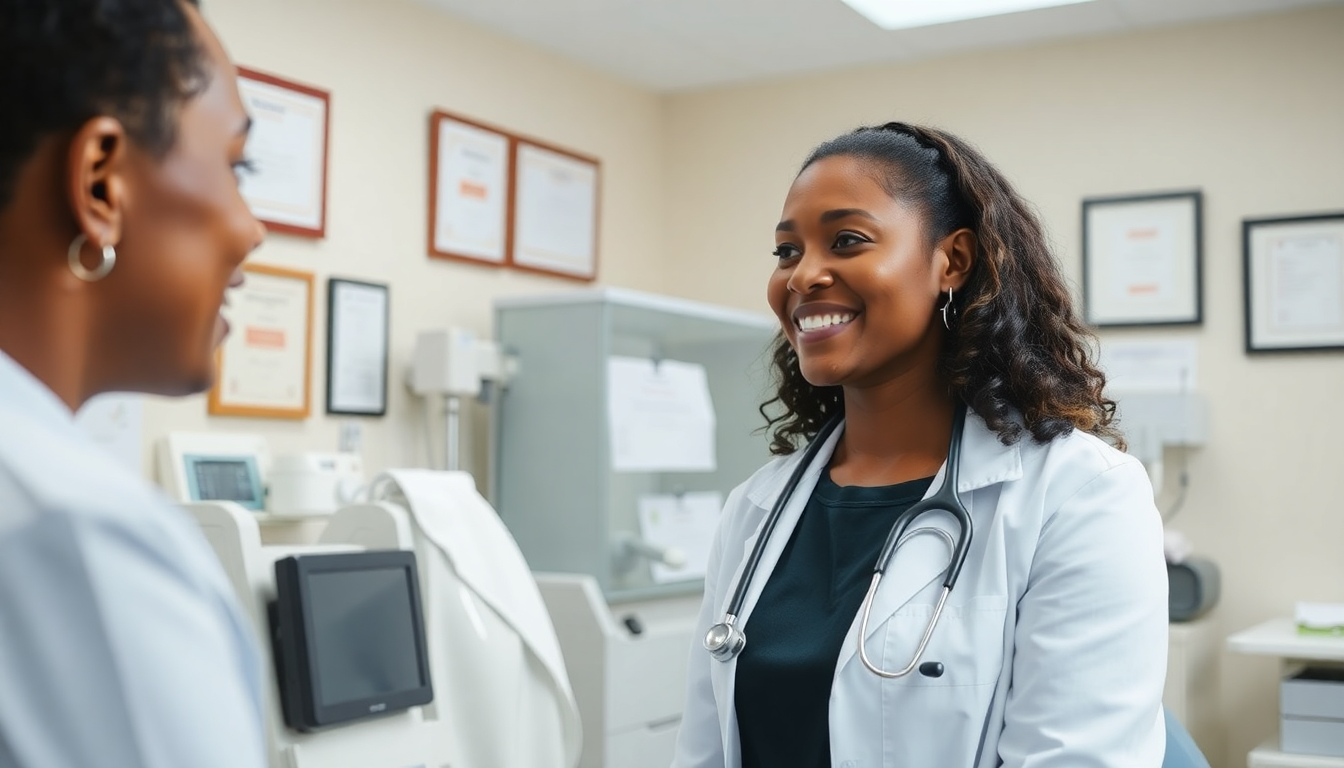 Imagem de uma médica negra atendendo uma paciente