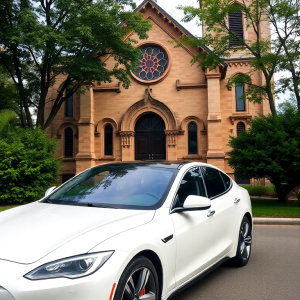 Imagem de um automóvel em frente a uma igreja