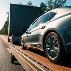 Imagem de um automóvel sendo rebocado numa estrada